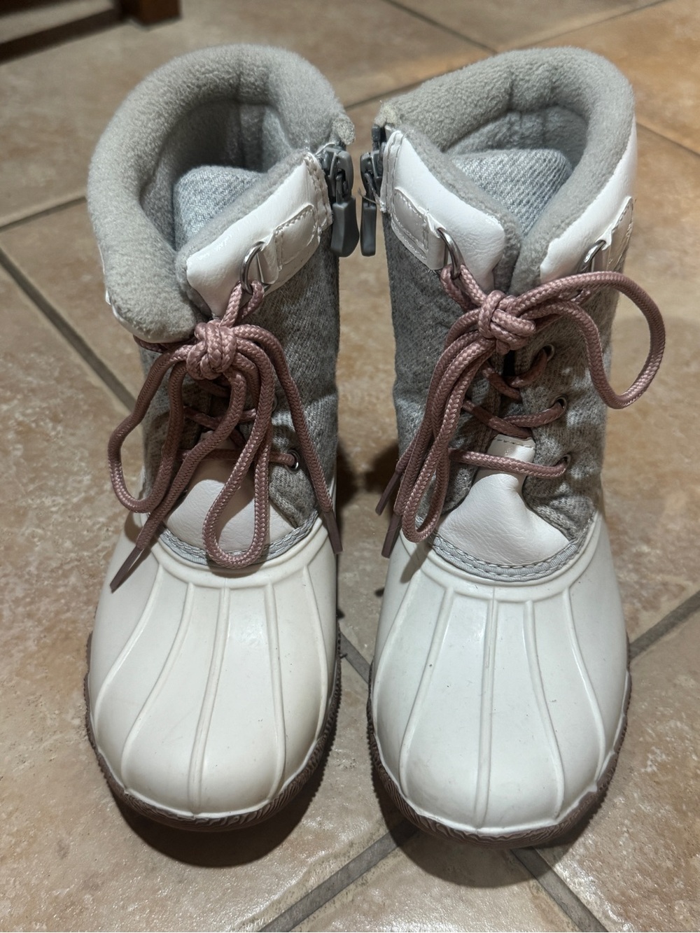 Kids White and Gray Winter Snow Boots with Pink Laces